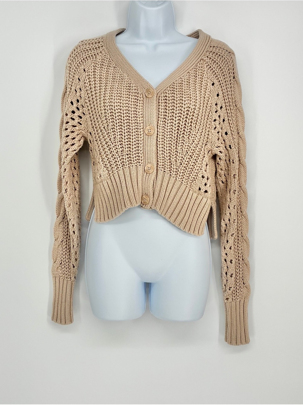 Abercrombie & Fitch Beige Cable Knit Open Stitch Cropped V-Neck Cardigan XS